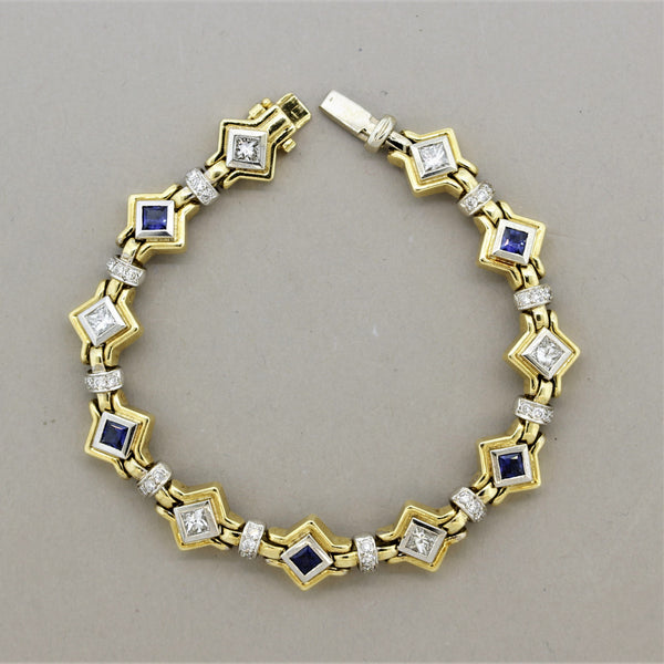 Diamond Sapphire Two-Tone Gold Geometric Bracelet