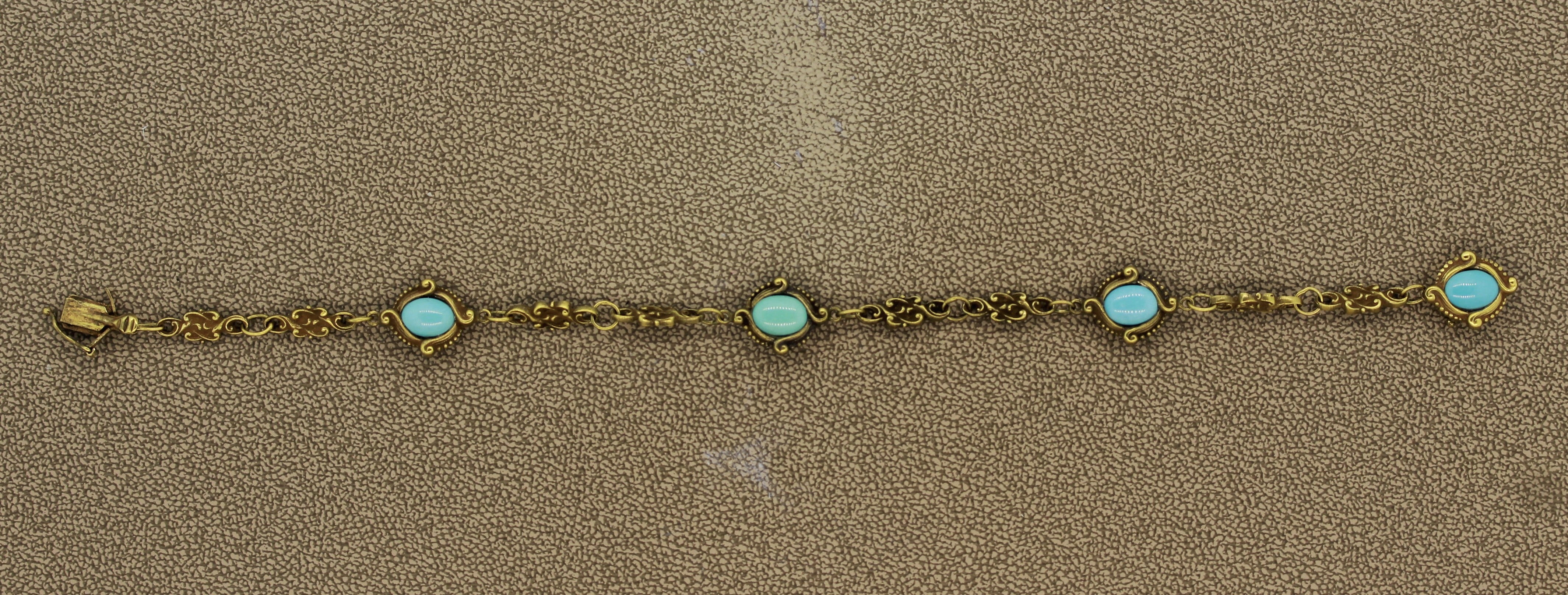 Art Nouveau Antique Turquoise Gold Filigree Bracelet