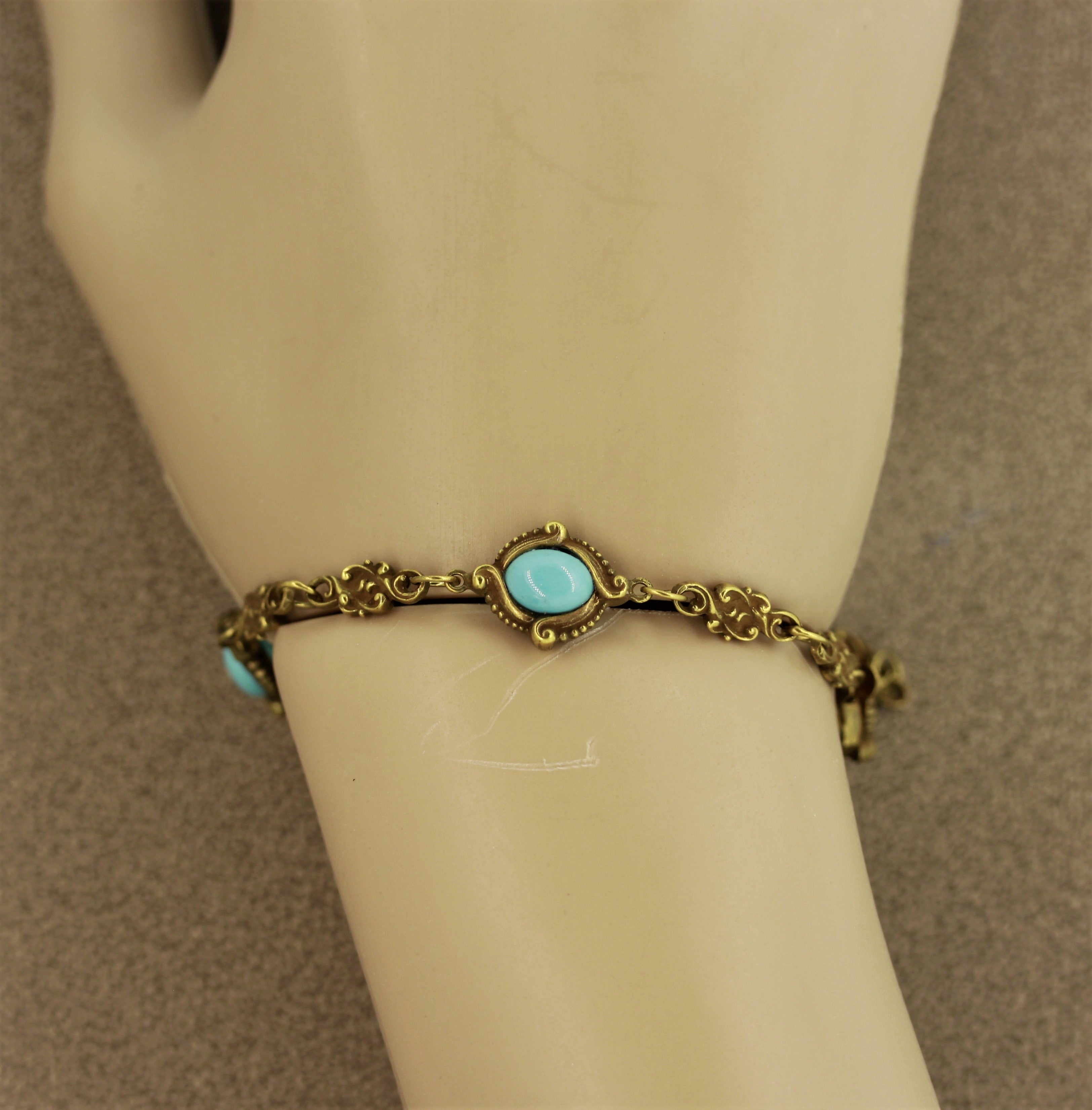 Art Nouveau Antique Turquoise Gold Filigree Bracelet