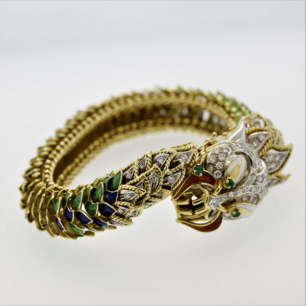 Italian Diamond Emerald Enamel Dragon Gold Bracelet