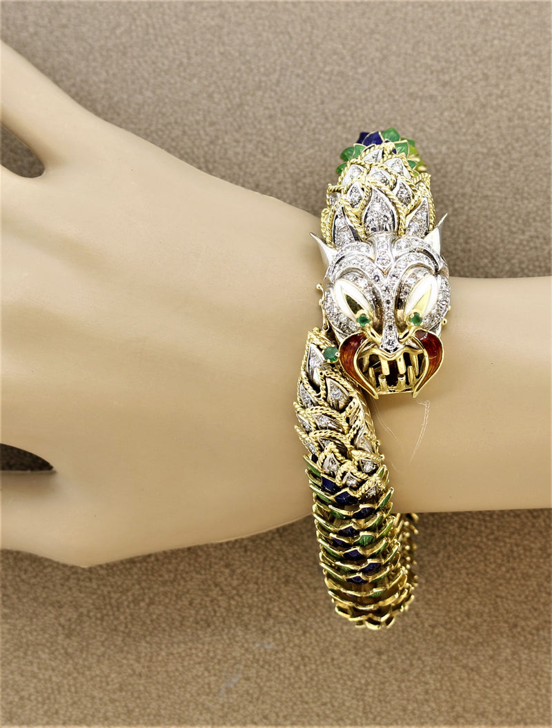 Italian Diamond Emerald Enamel Dragon Gold Bracelet