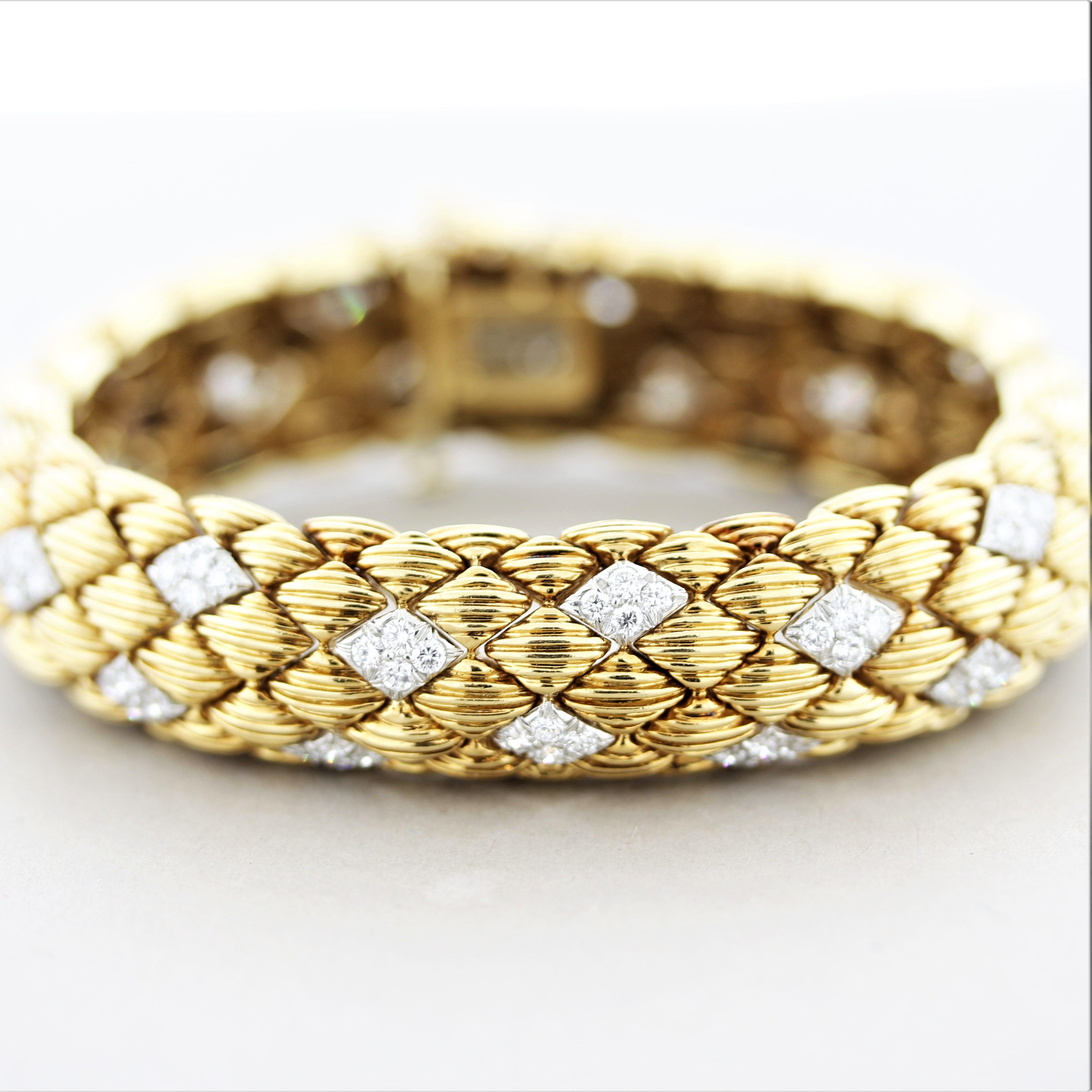 David Webb Diamond Gold Textured Bracelet