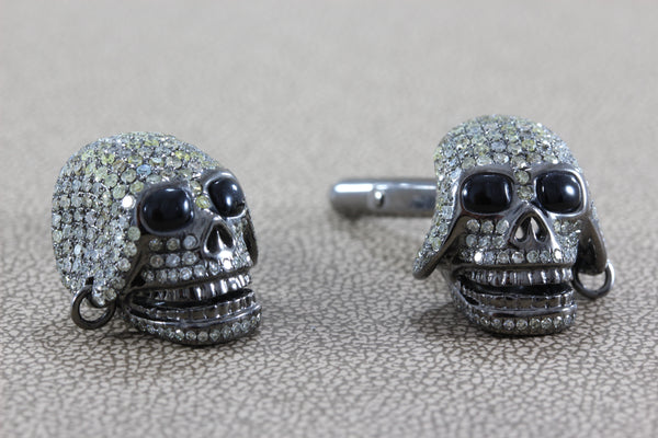 Pirate Skull Diamond Onyx Gold Cufflinks