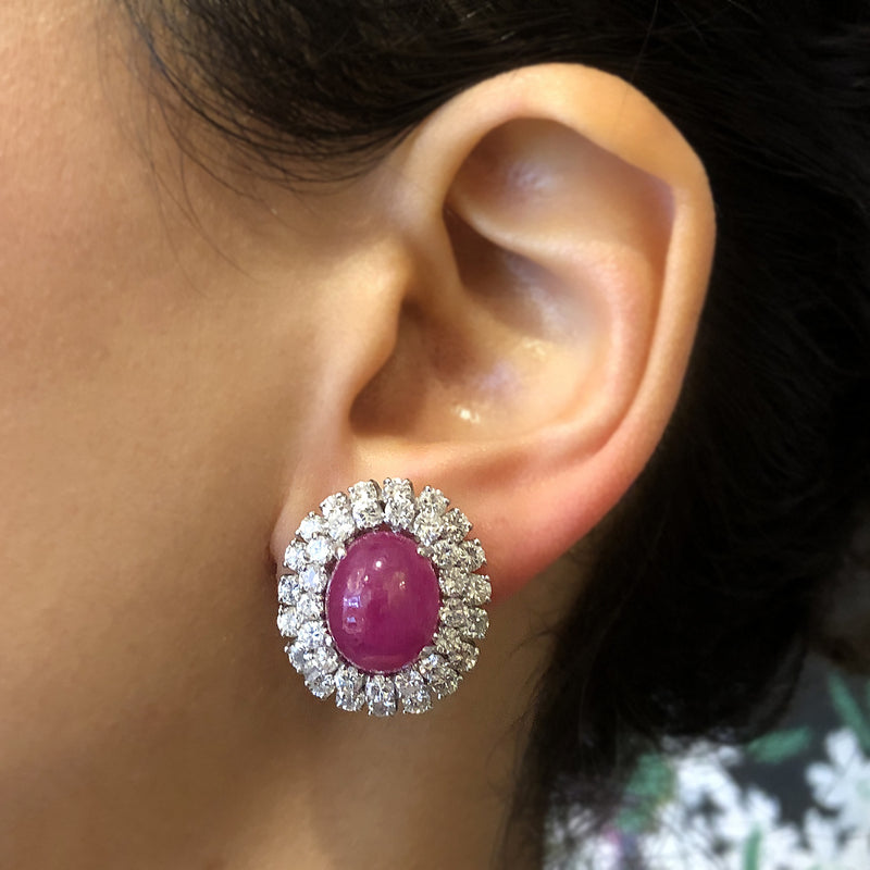 Cabochon Ruby Diamond Gold Detachable Drop Earrings