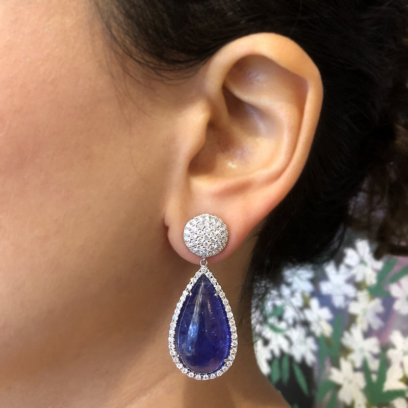 Cabochon Tanzanite Diamond Gold Drop Earrings