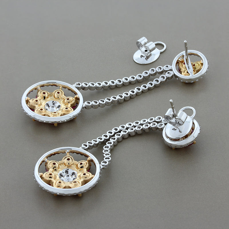 Ruby Diamond Gold Flower Cluster Flexible Dangle Earrings