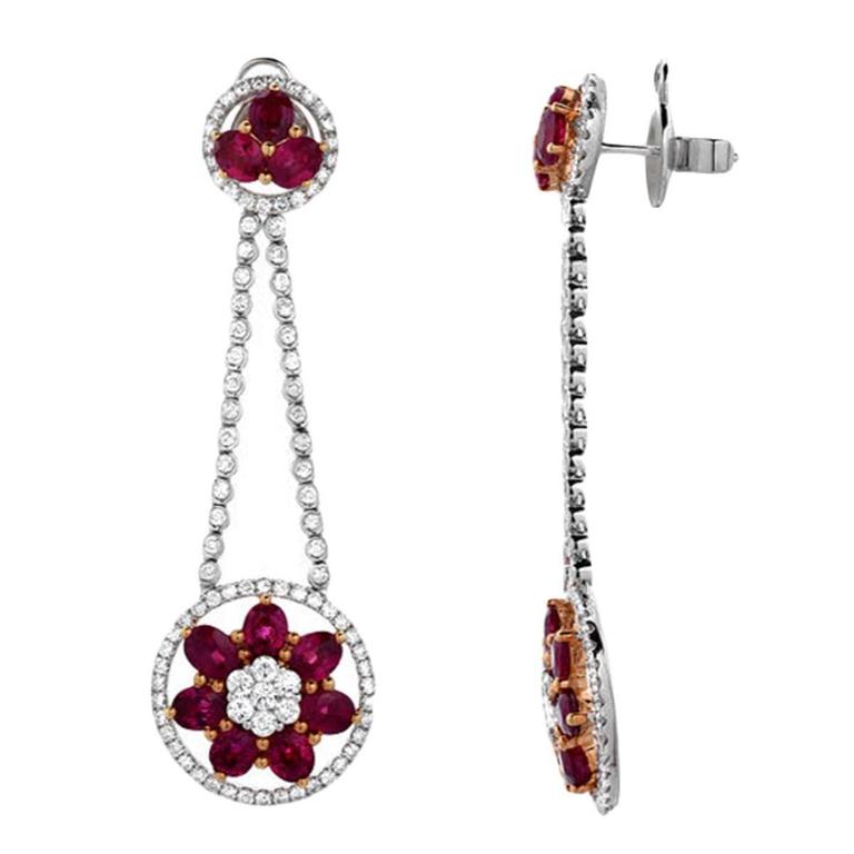 Ruby Diamond Gold Flower Cluster Flexible Dangle Earrings