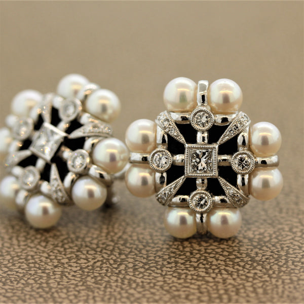 Geometric Pearl Diamond Onyx Gold Earrings