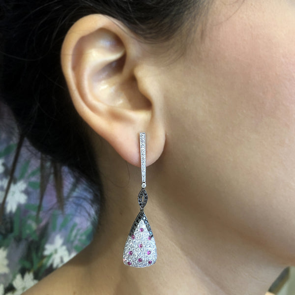 Eli Frei Ruby White & Black Diamond Gold Drop Earrings