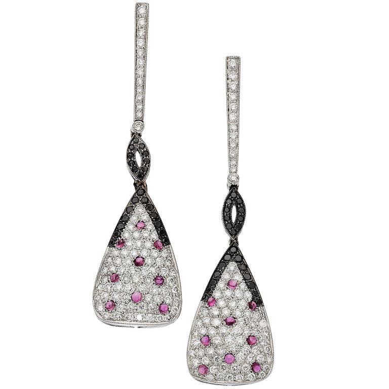 Eli Frei Ruby White & Black Diamond Gold Drop Earrings