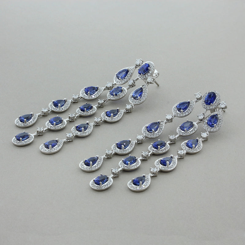 Blue Sapphire Diamond Gold Chandelier Drop Earrings