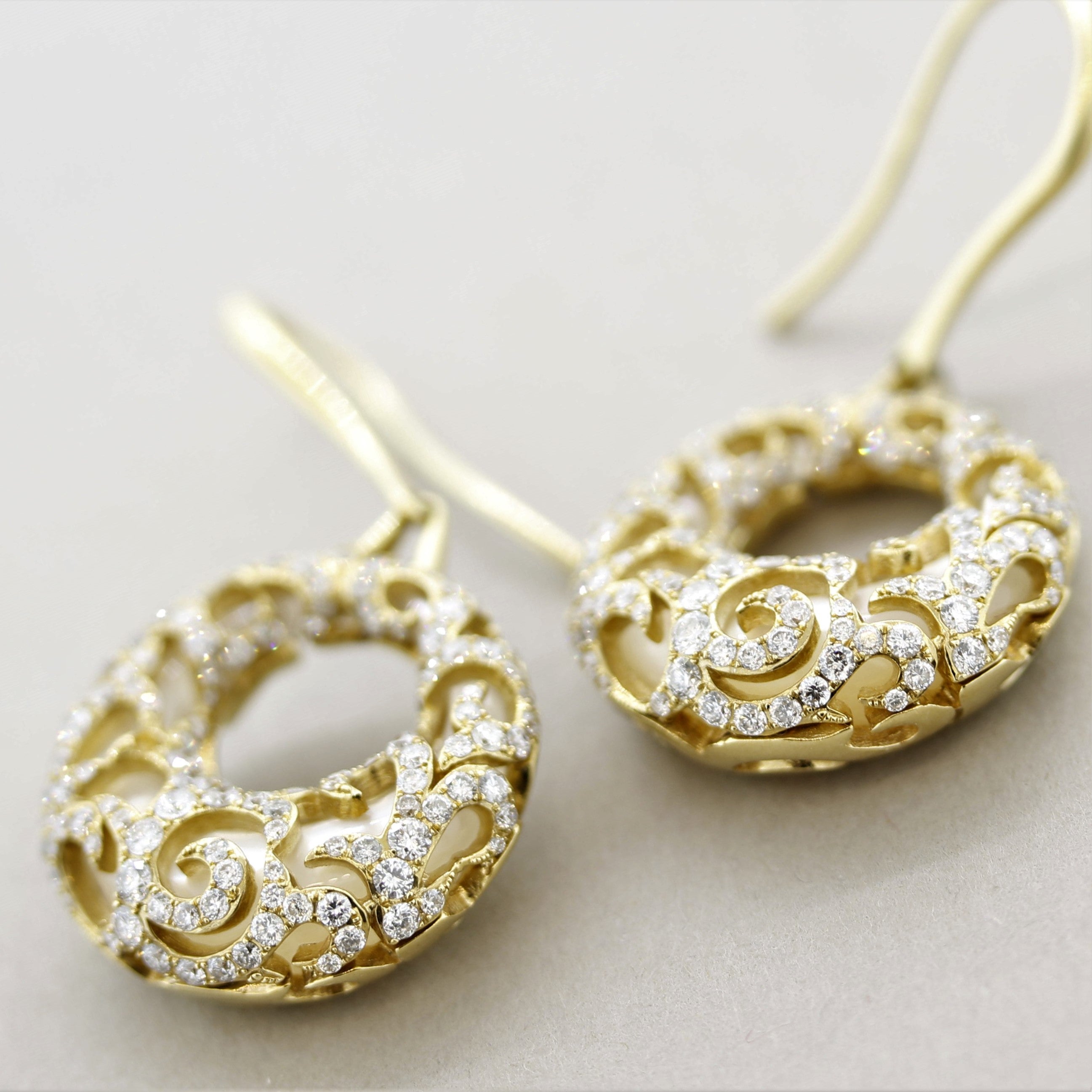 Diamond Mother-of-Pearl Gold Hoop Drop Earrings