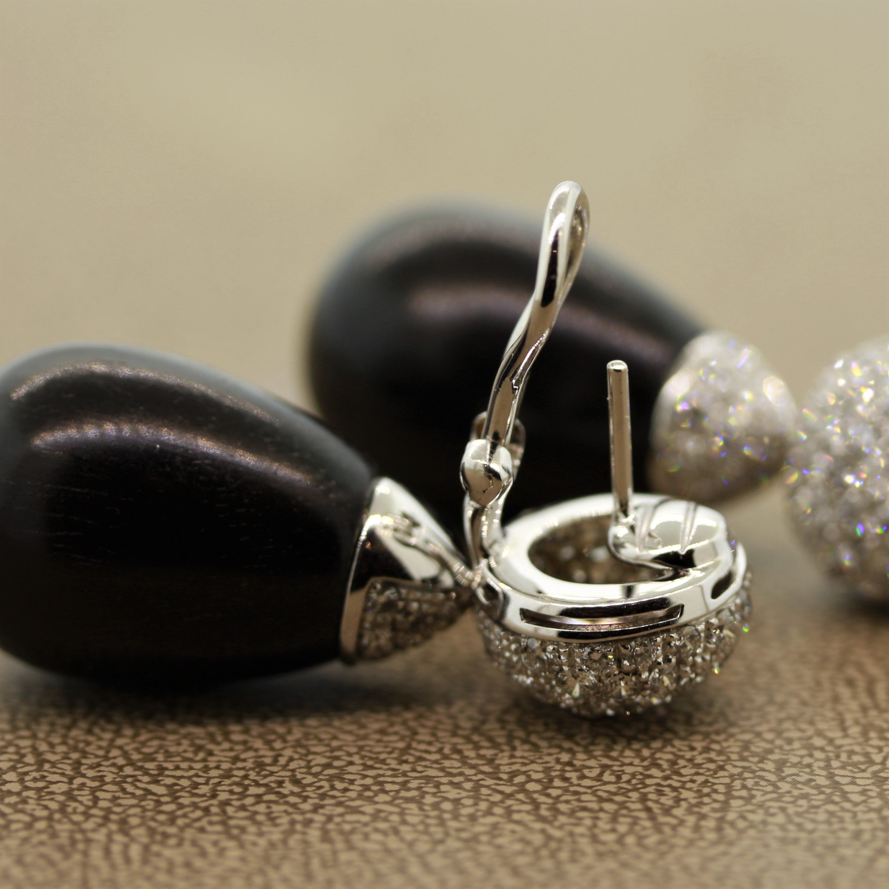 Natural Black Coral Diamond Gold Drop Earrings