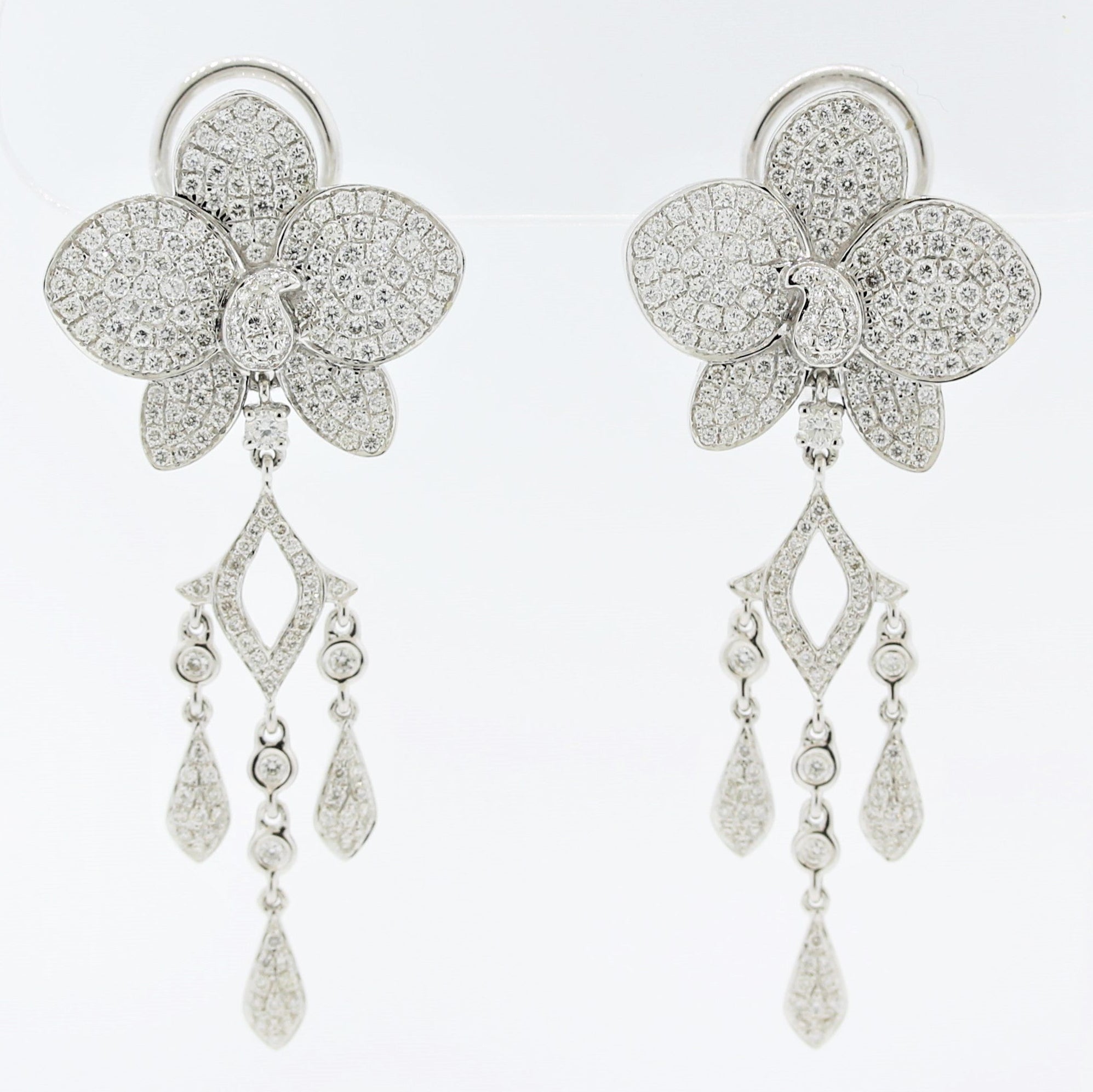Diamond Flower Pave Gold Dangle Drop Earrings
