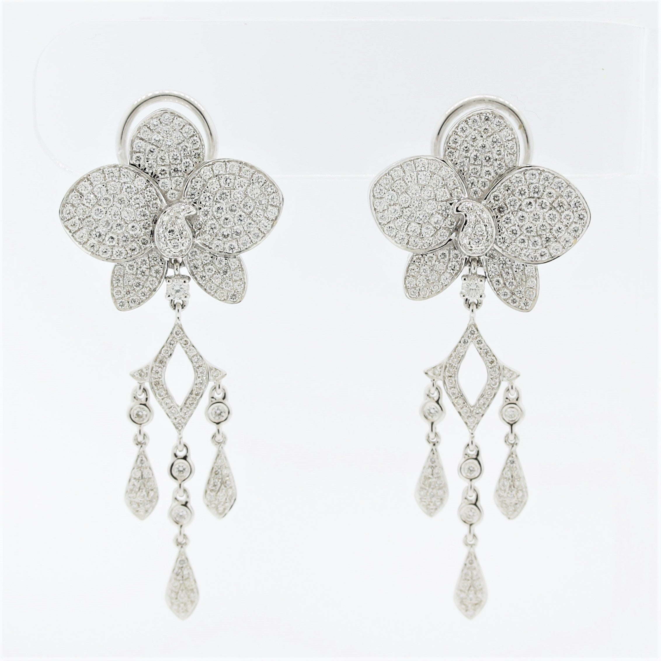 Diamond Flower Pave Gold Dangle Drop Earrings