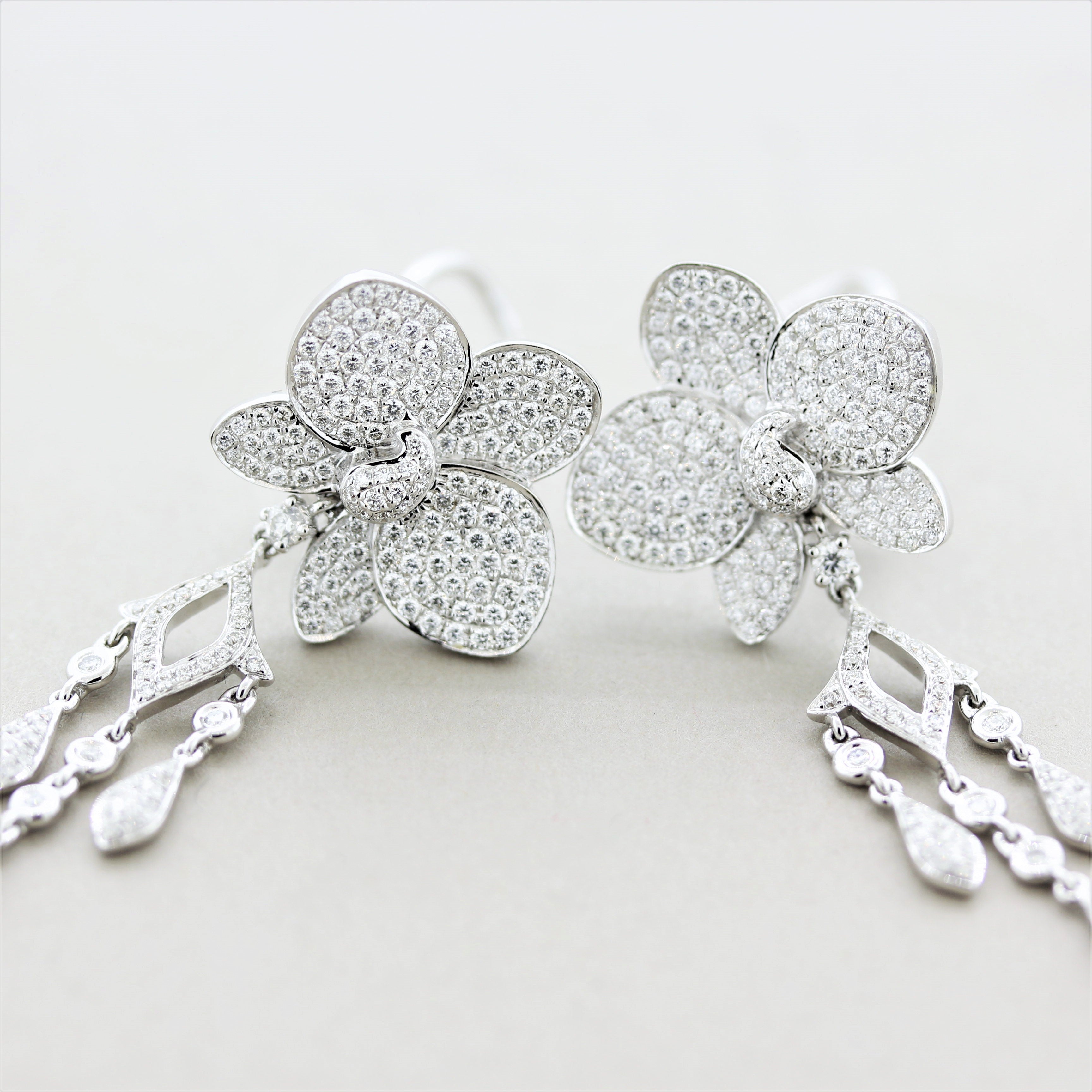 Diamond Flower Pave Gold Dangle Drop Earrings