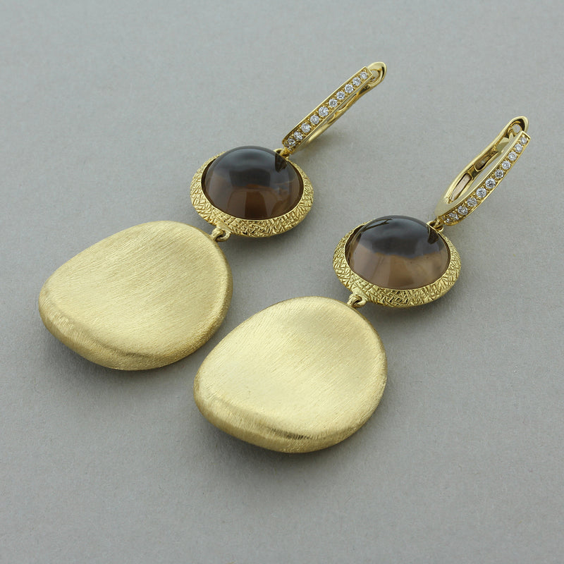 Smoky Quartz Diamond Gold Drop Earrings