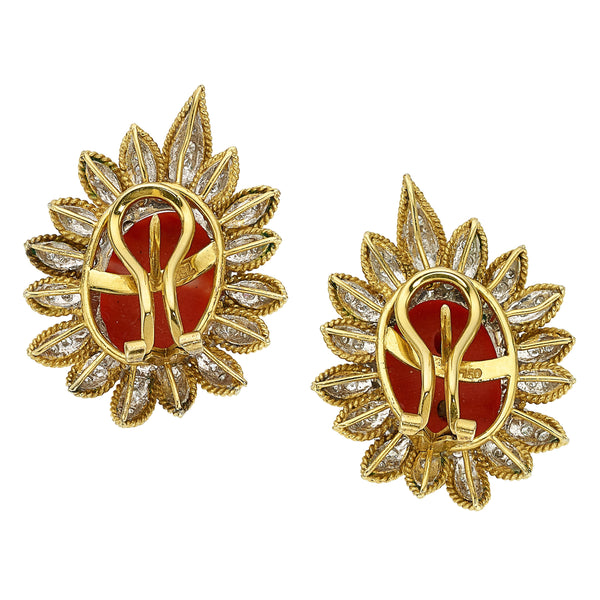 Estate Coral Cabochon Diamond Gold Earrings
