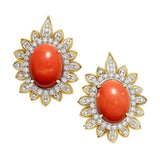 Estate Coral Cabochon Diamond Gold Earrings