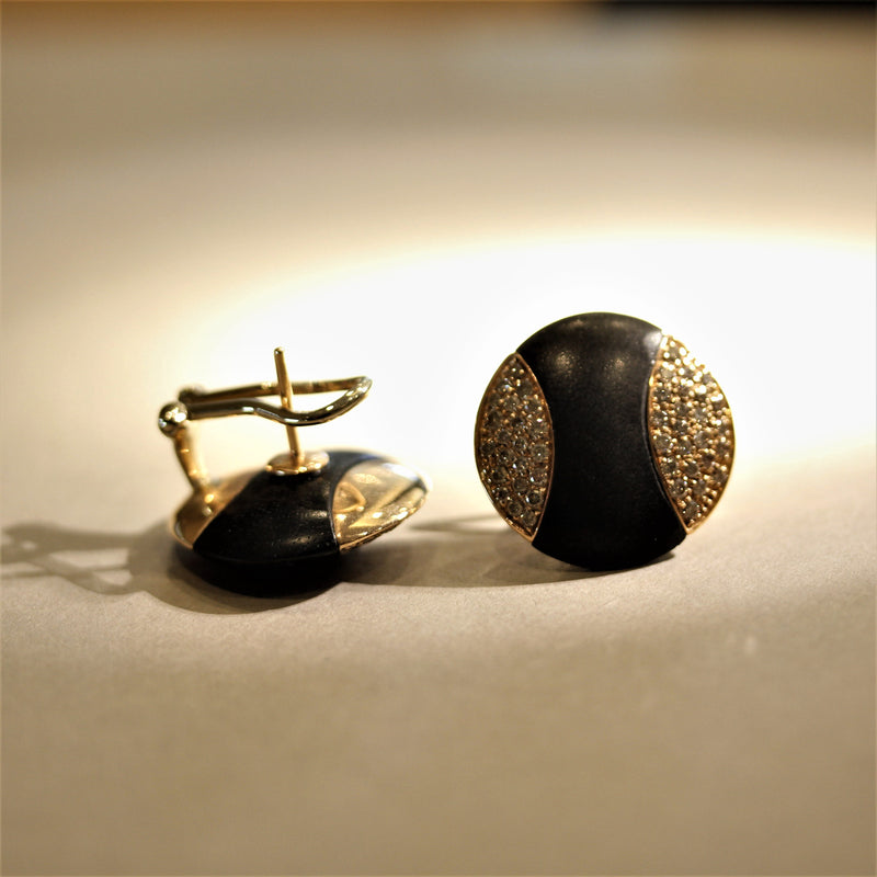 Black-Coral Diamond Gold Round Button Earrings