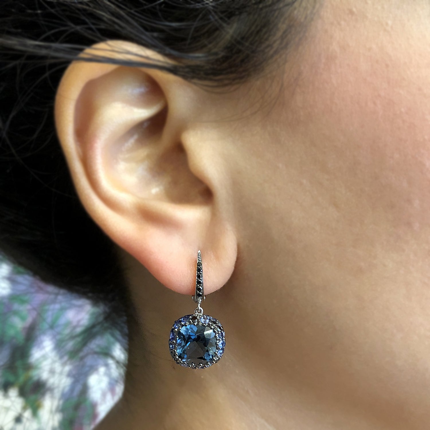 London Blue Topaz Sapphire Black Diamond Gold Cluster Drop Earrings