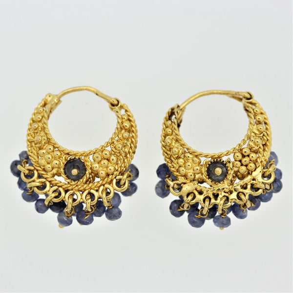 Sapphire Bead Gold Tassel Earrings