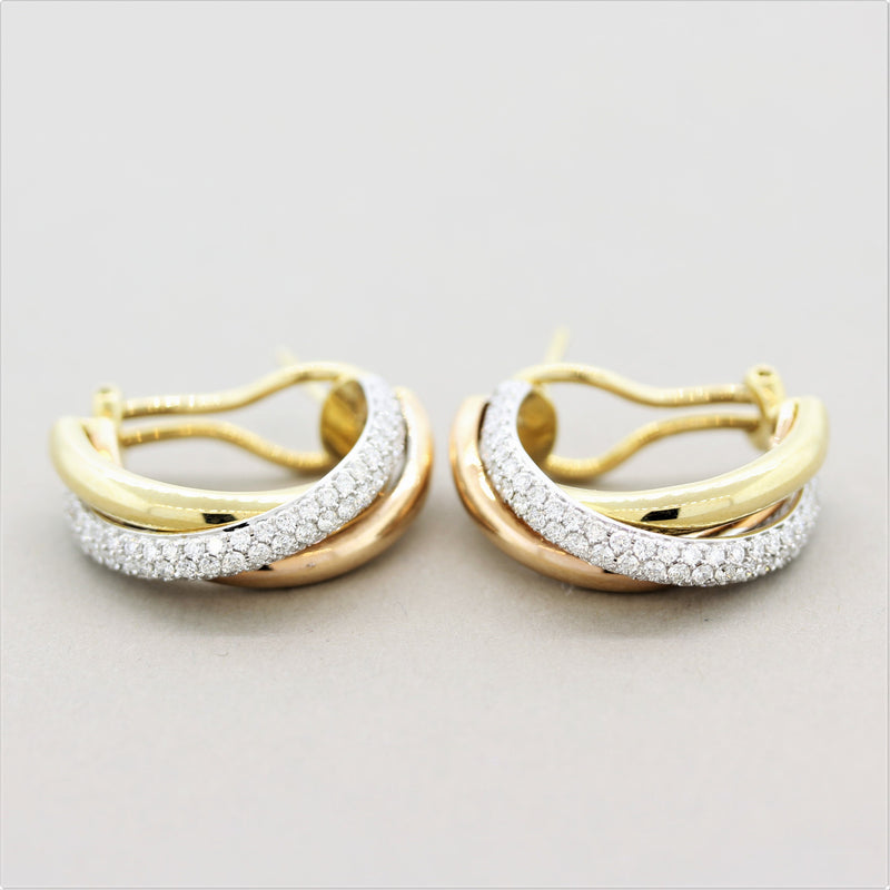Diamond Tri-Tone Gold Hoop Earrings