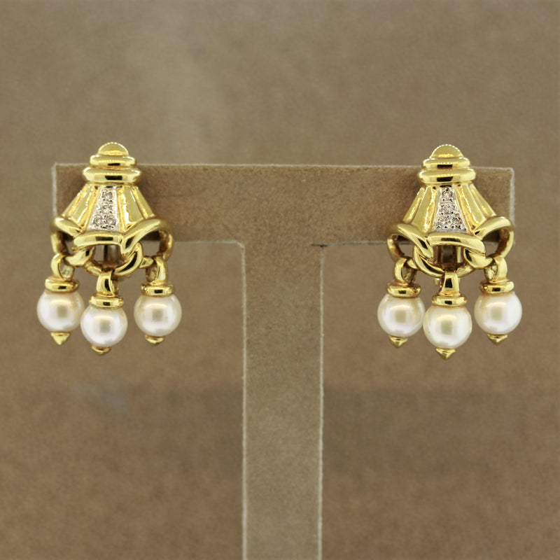 Pearl Diamond Gold Tassel Earrings