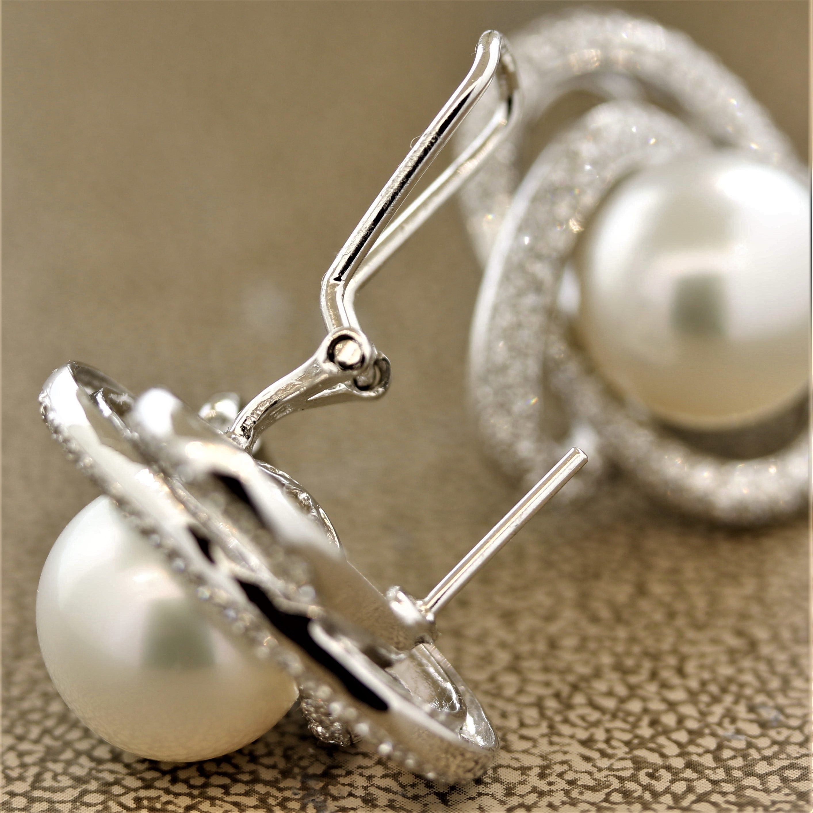 South Sea Pearl Diamond Gold Spiral Earrings