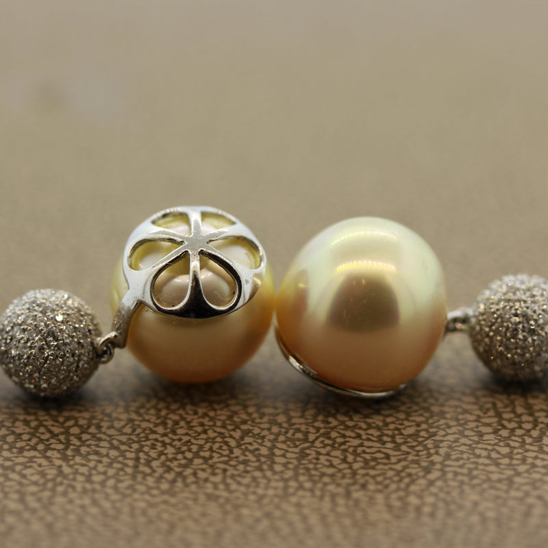 Golden South Sea Pearl Diamond Drop Earrings