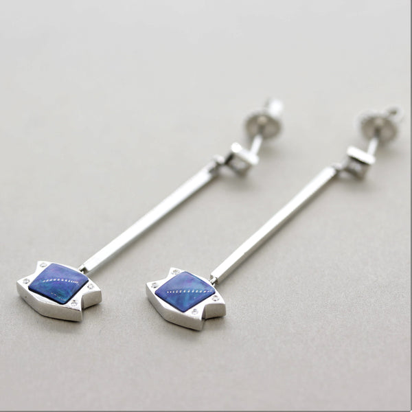 Australian Opal Diamond Gold Long Drop Earrings
