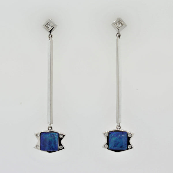 Australian Opal Diamond Gold Long Drop Earrings