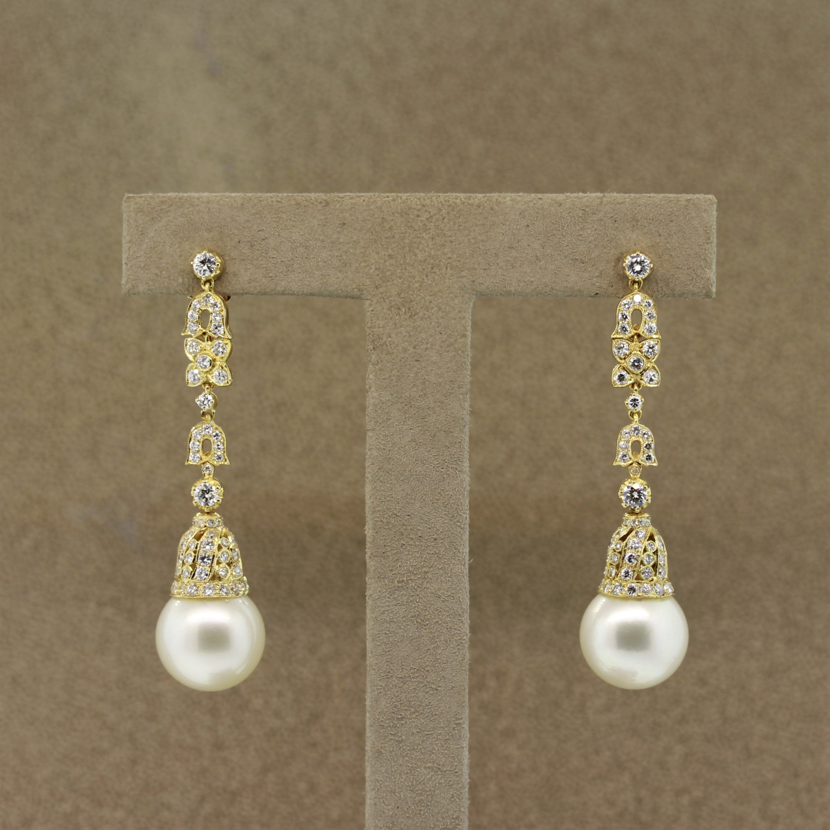 South Sea Pearl Diamond Long Gold Drop Earrings