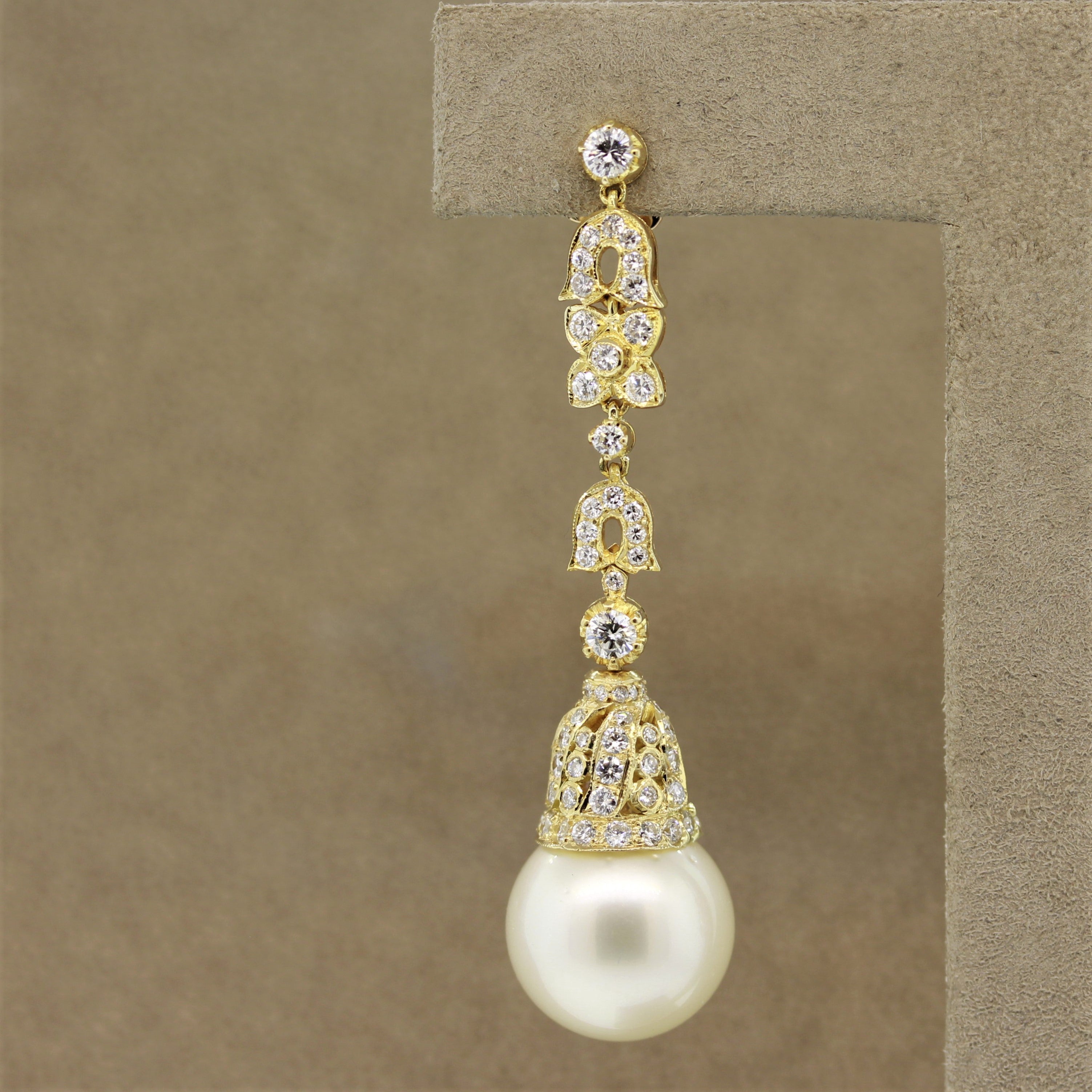 South Sea Pearl Diamond Long Gold Drop Earrings