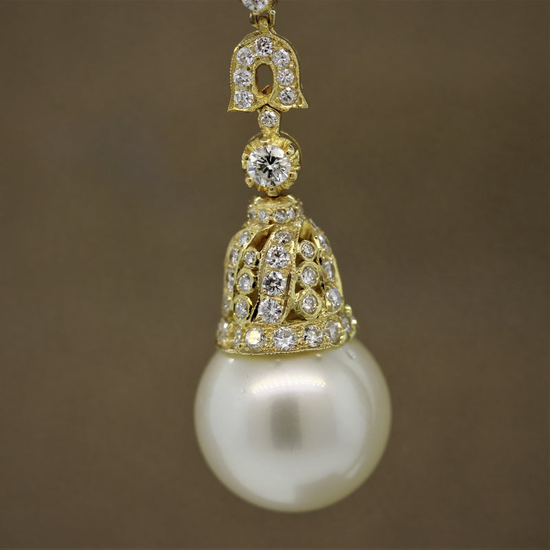 South Sea Pearl Diamond Long Gold Drop Earrings
