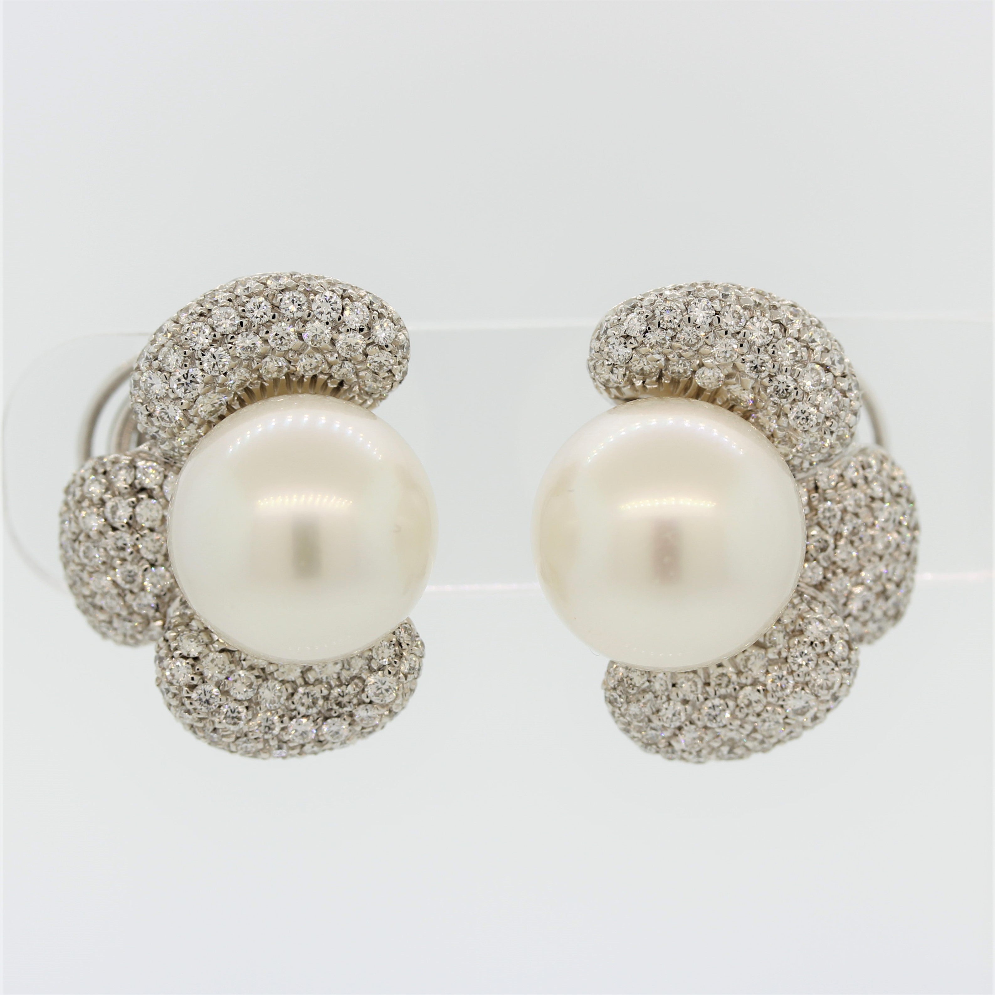 Extra Fine South Sea Pearl Diamond Gold Flower Clip Earrings