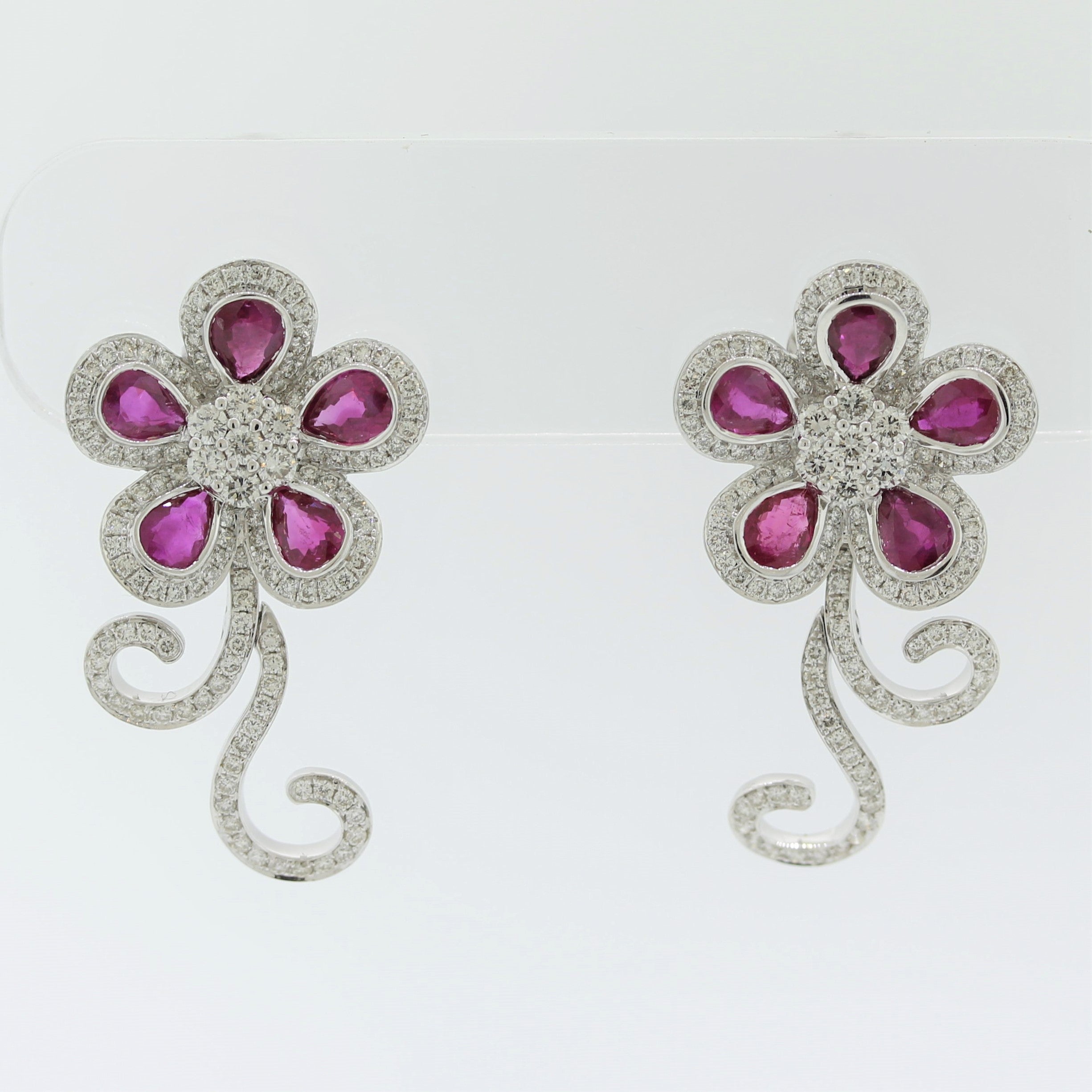 Diamond Ruby Gold Floral Earrings