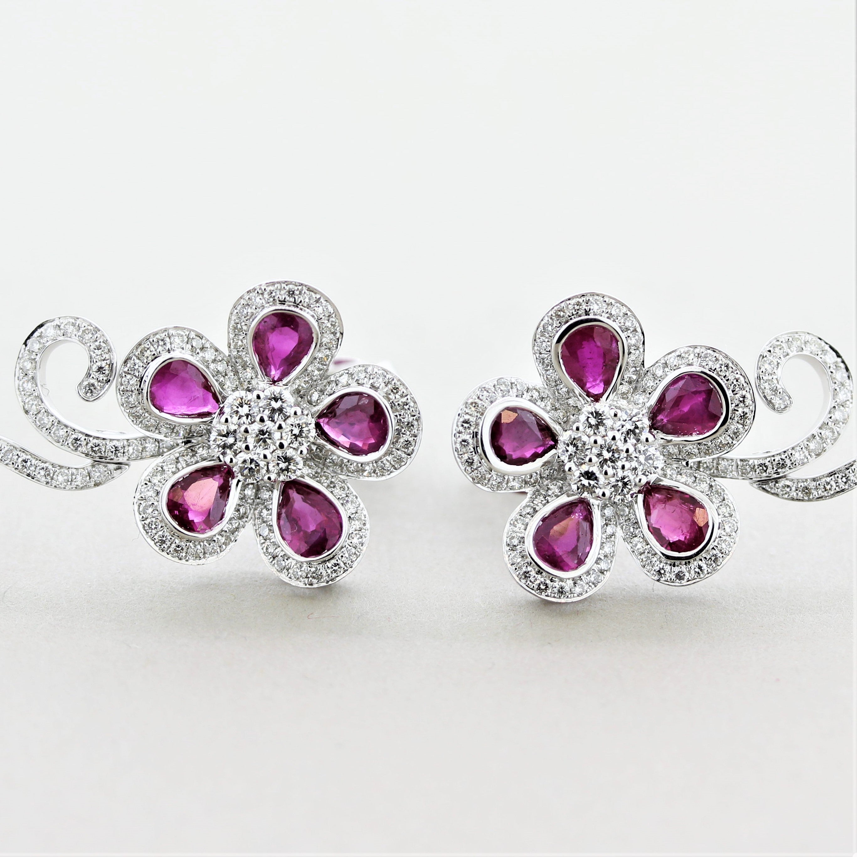 Diamond Ruby Gold Floral Earrings