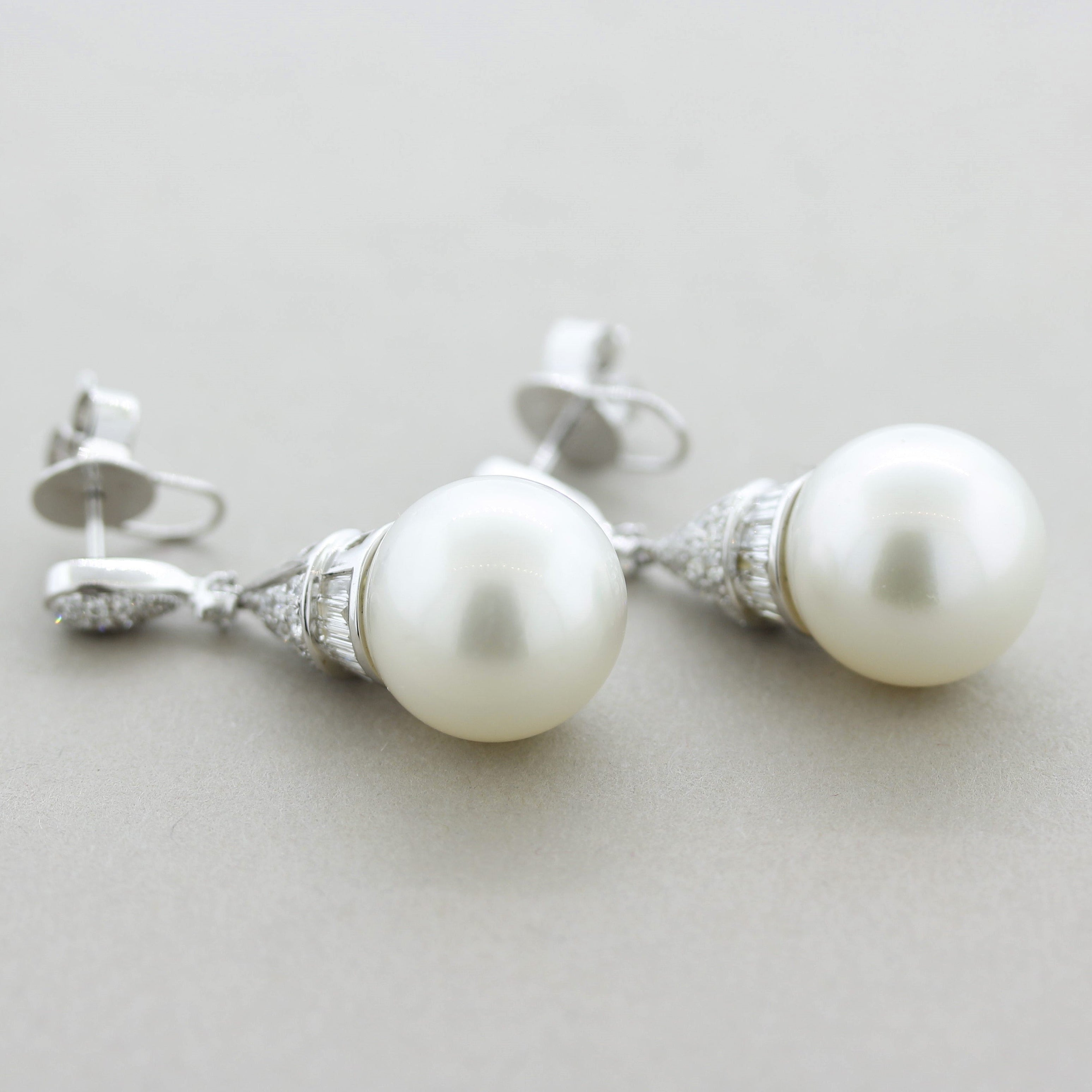Fine South Sea Pearl Diamond Gold Drop Dangle Earrings
