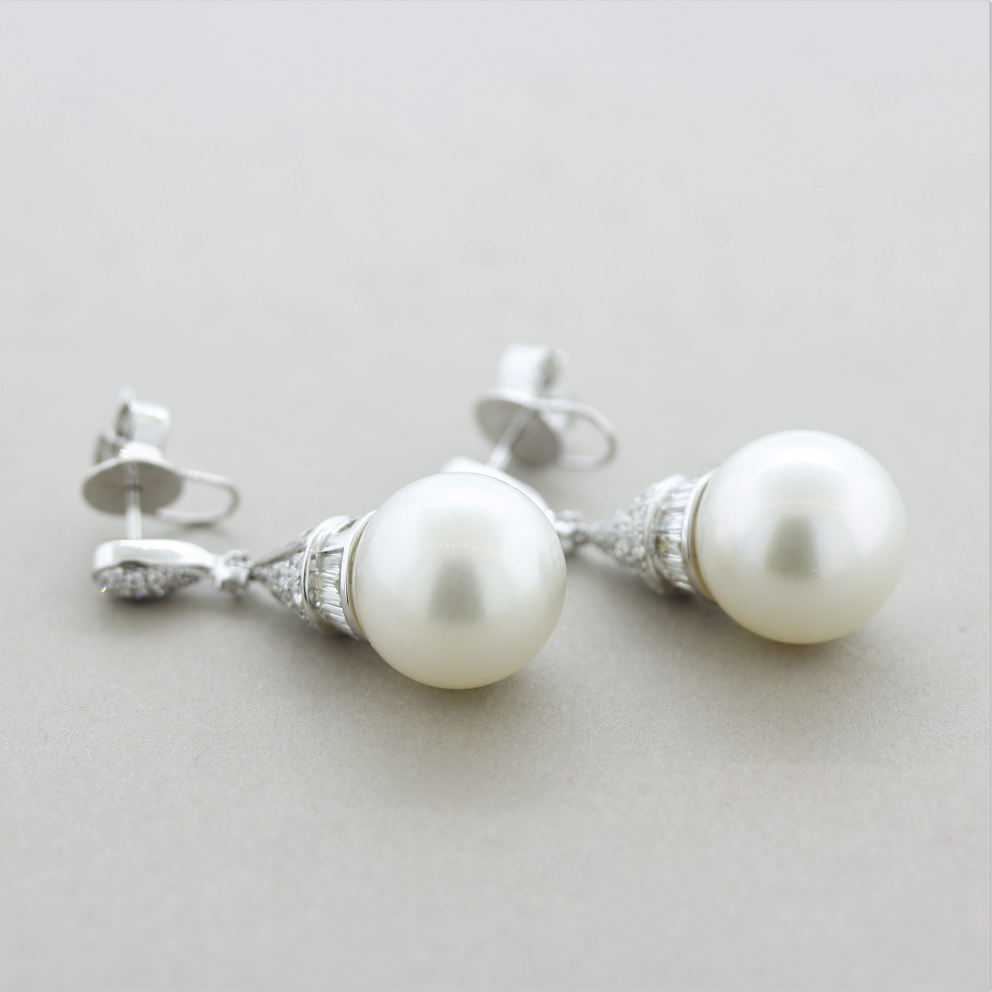 Fine South Sea Pearl Diamond Gold Drop Dangle Earrings