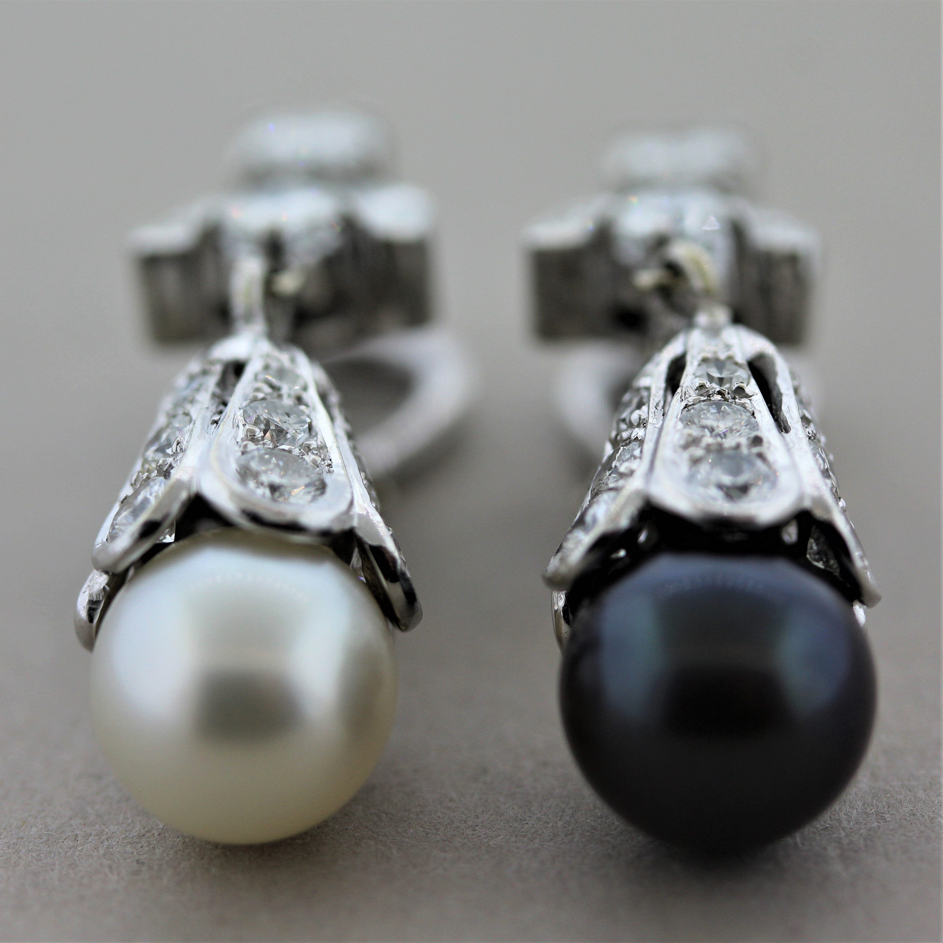 Mid-Century Pearl Diamond Platinum Drop Earrings