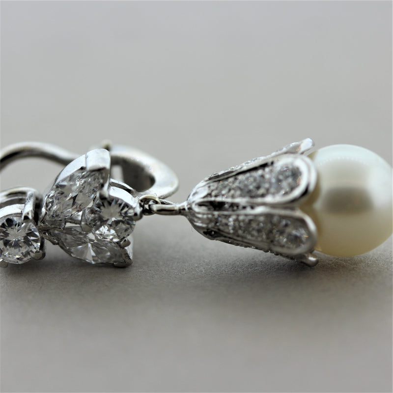 Mid-Century Pearl Diamond Platinum Drop Earrings