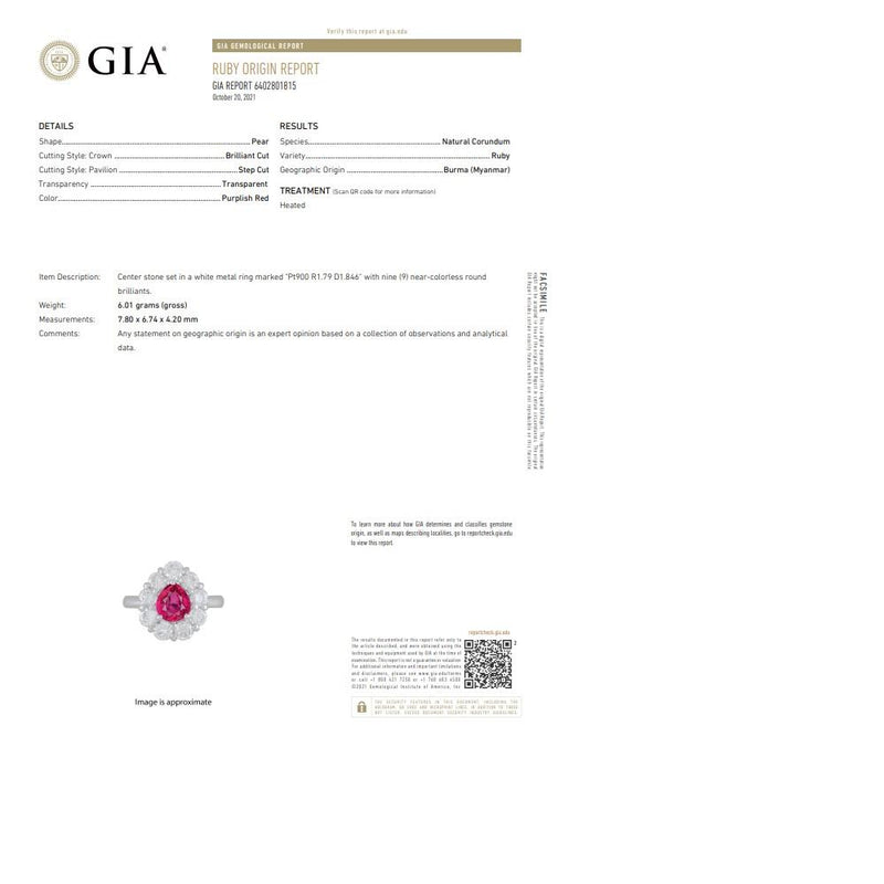 Superb 1.79 Carat Burmese Ruby Diamond Platinum Ring, GIA Certified