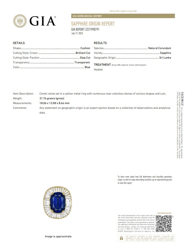 19.36 Carat Ceylon Sapphire Diamond 18K Yellow Gold Cocktail Ring, GIA Certified