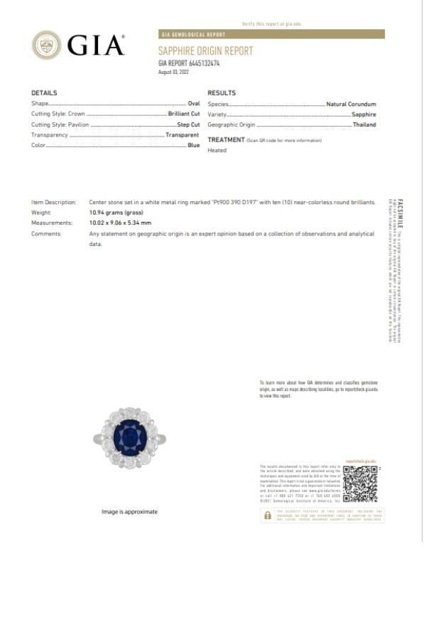 3.90 Carat Blue Sapphire Diamond Halo Platinum Ring, GIA Certified