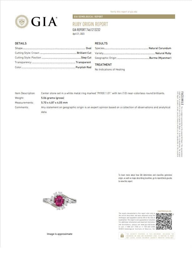 Superb 1.01 Carat Ho-Heat Burmese Ruby Diamond Platinum Ring, GIA Certified