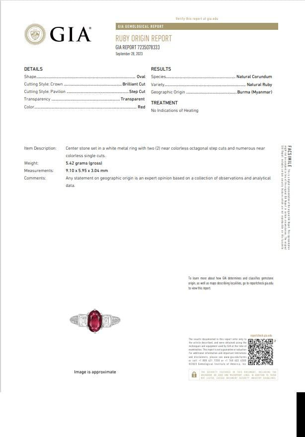 Art Deco No-Heat Burmese Ruby Diamond Platinum Ring, GIA Certified