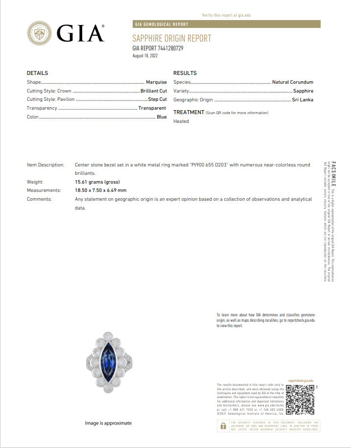 6.55 Carat Ceylon Sapphire Diamond Platinum Navette Ring, GIA Certified