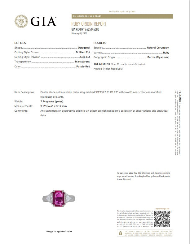 2.31 Carat Burmese Ruby Diamond Platinum 3-Stone Ring, GIA Certified