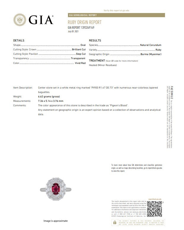 1.47 Carat Burmese “Pigeon Blood” Ruby Diamond Platinum Ring, GIA Certified